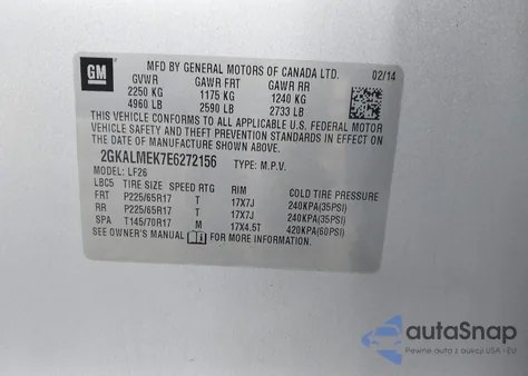 2014 GMC Terrain Sle-1 z USA, uszkodzony, nr VIN 2GKALMEK7E6272156